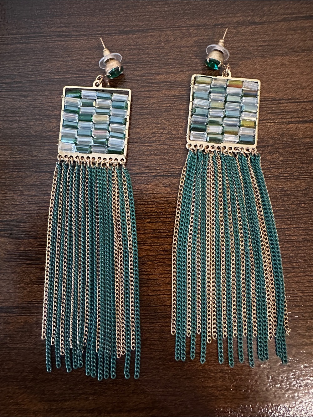 Emerald Green Bead & Chain Tassel Drop Earrings - Elegant Women’s Jewelry